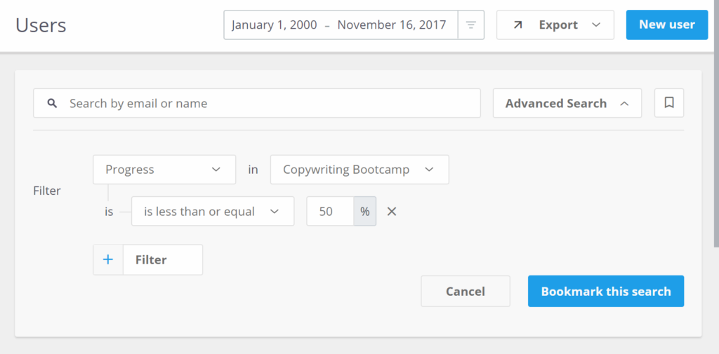 Using the Progress Filter in the Users Table