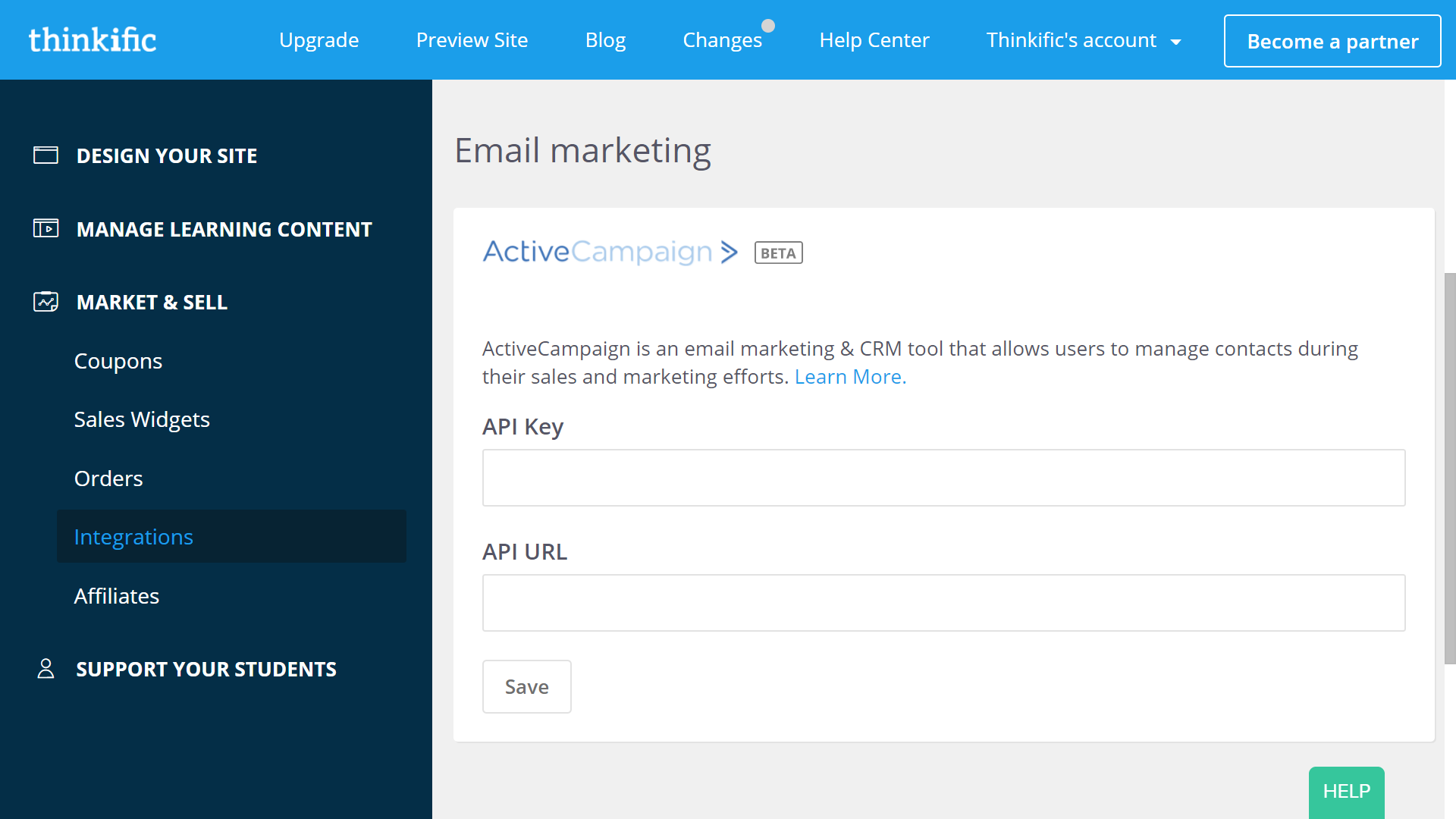 Integrate with ActiveCampaign on your Integrations page in the Thinkific Admin Dashboard