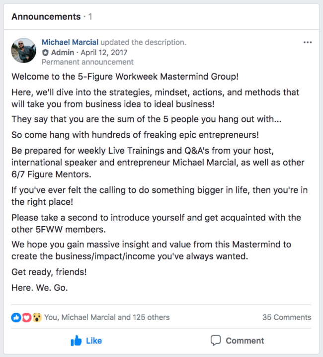 Facebook Group Welcome Post Example