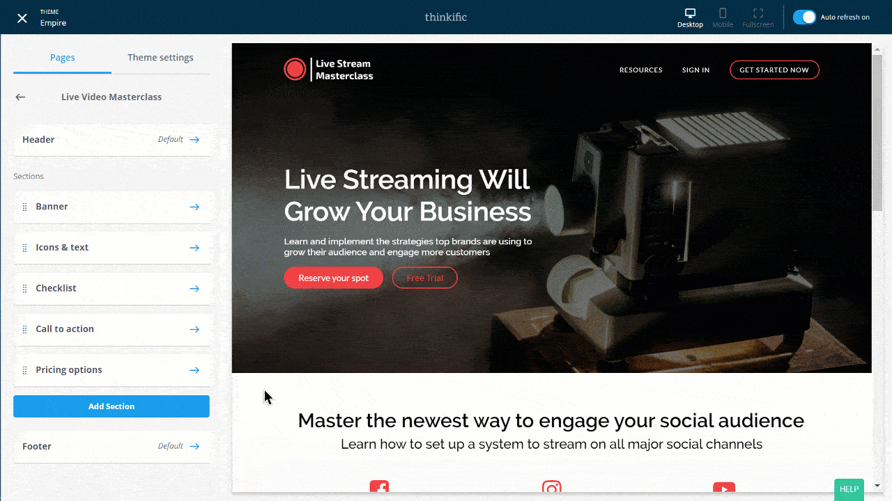 Dragging and dropping a landing page section in Site Builder by Thinkific