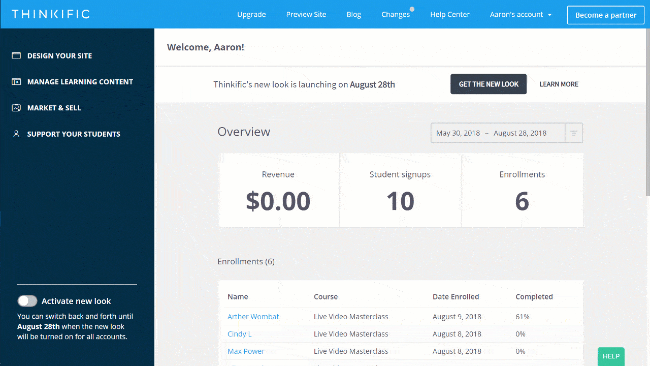 Fading between the new and old user interface in Thinkific