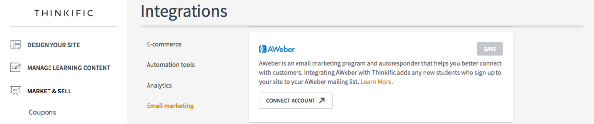 Integrate Aweber to market your online course | Create and sell online courses | Thinkific online course platform