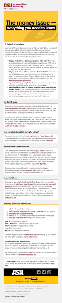 Arizona State University welcome email example