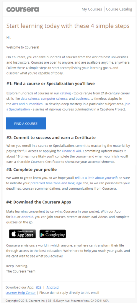 Coursera welcome email example