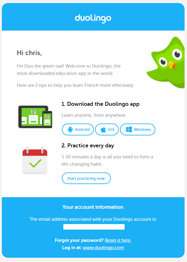 Duolingo welcome email example