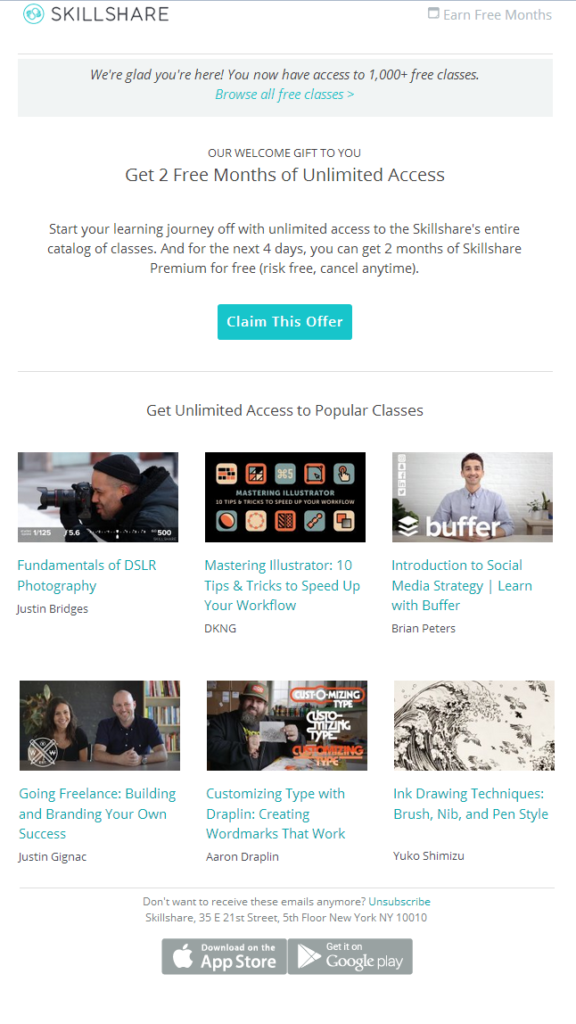 Skillshare welcome email example