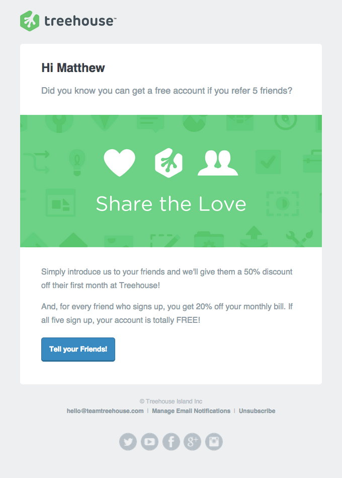 Treehouse welcome email example