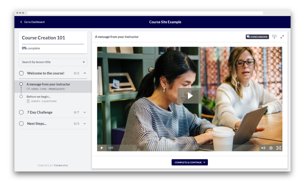 A Thinkific Online Course with the New & Improved Student Experience enabled