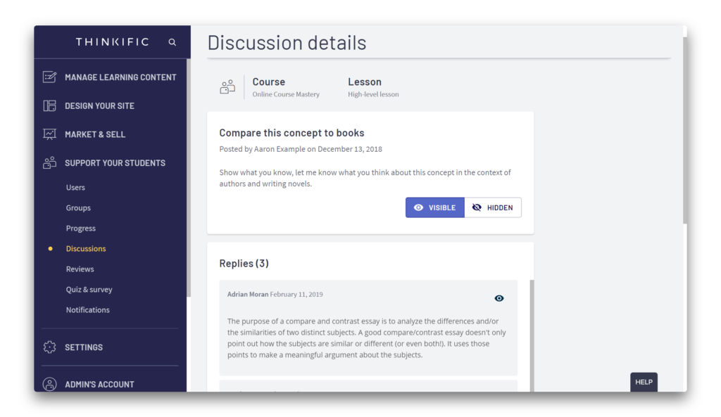 Moderating a discussion in Thinkific's Admin Dashboard