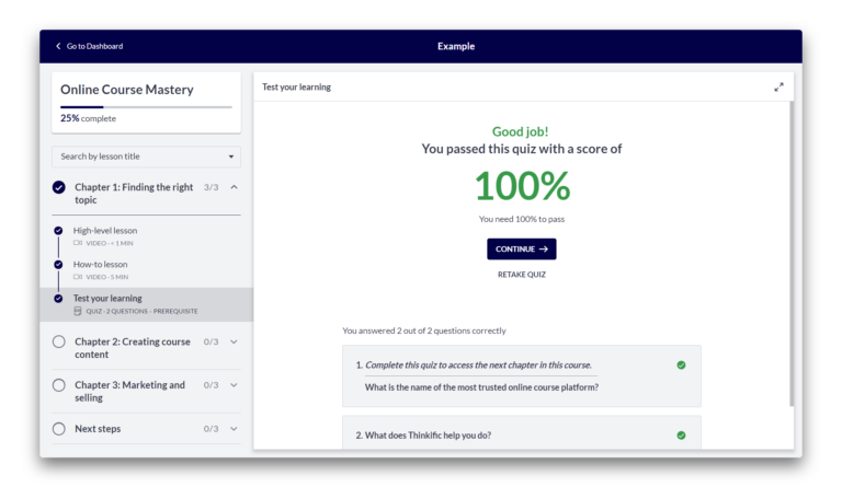 The Quiz grade percentage required setting when editing a quiz lesson