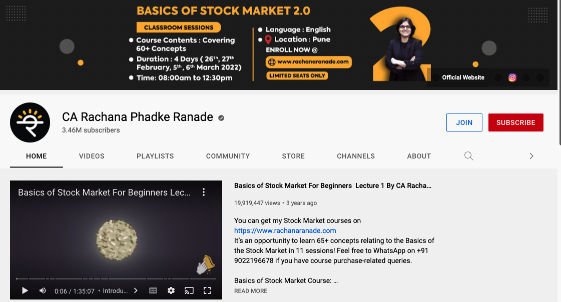 screenshot of Rachana Phadke Ranade's YouTube channel highlighting her join membership button