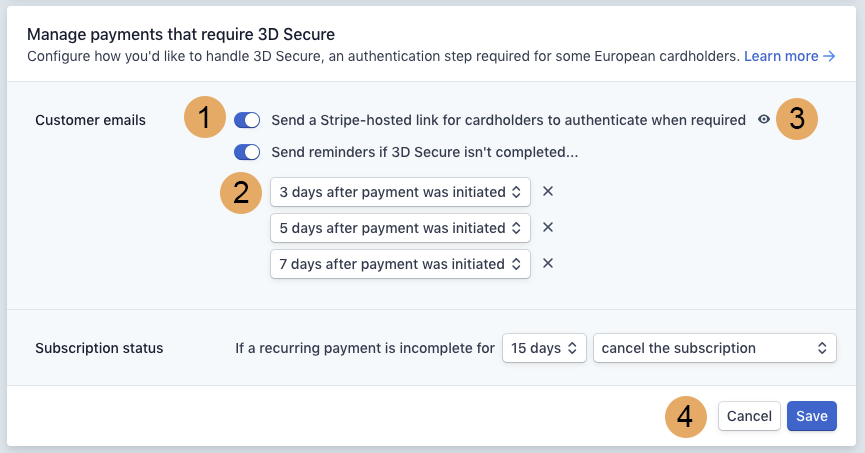 Stripe 3D Secure settings