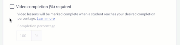 Setting completion requirement percentage on a video lesson