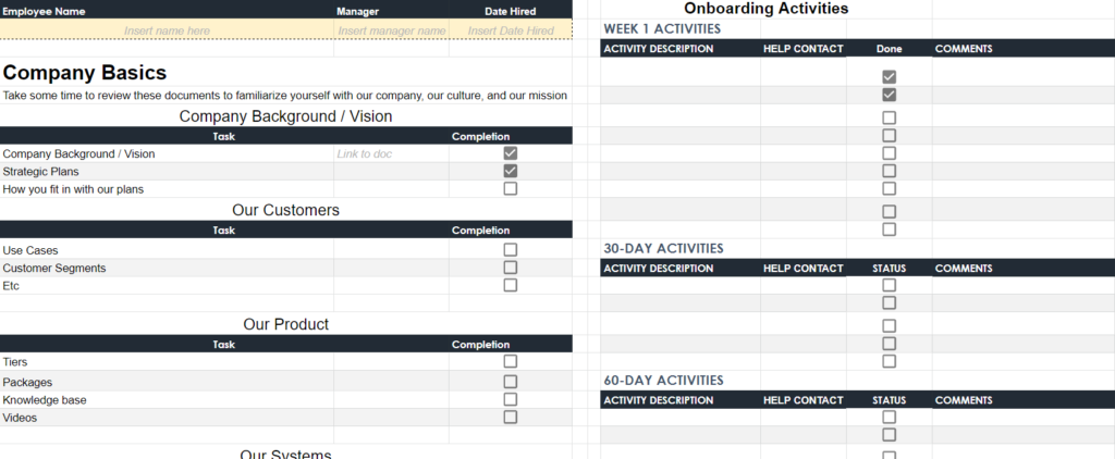 An excel template for tracking employee training progress