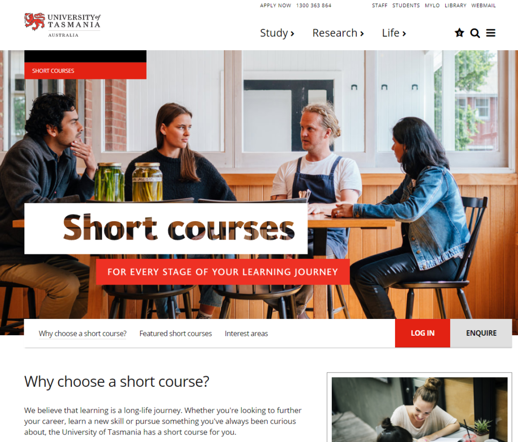 Screenshot of LMS website for Short Courses