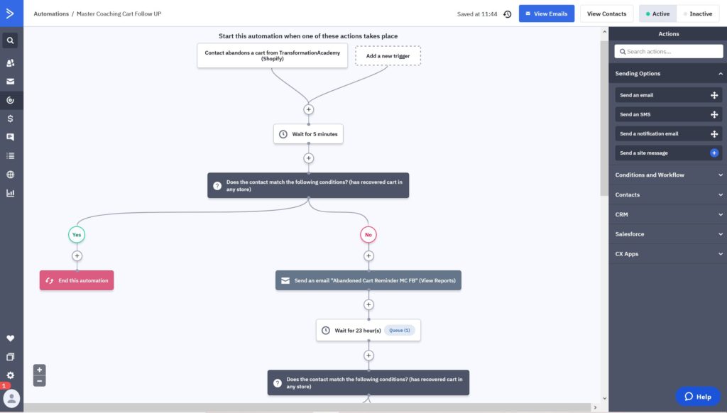 Example of Abandoned Cart Flow On ActiveCampaign