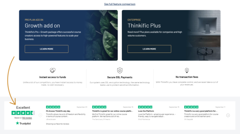 Social Proof Example: Thinkific's Pricing Page