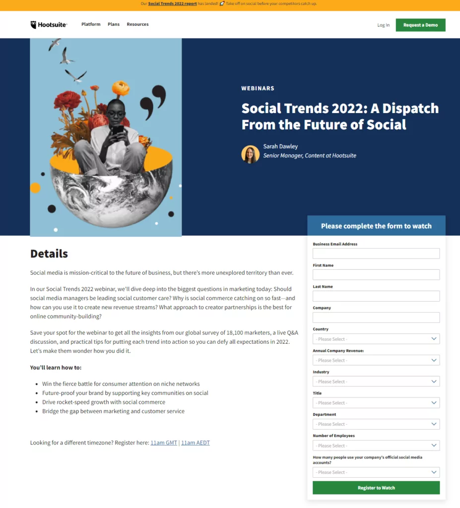 Hootsuite Webinar Landing Page