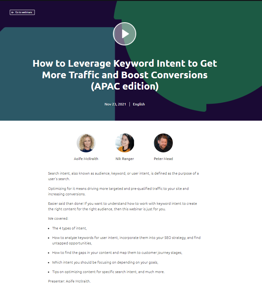 SEMRush Webinar Landing Page Example