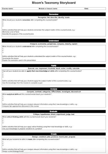 A fillable template for planning with Bloom's Taxonomy