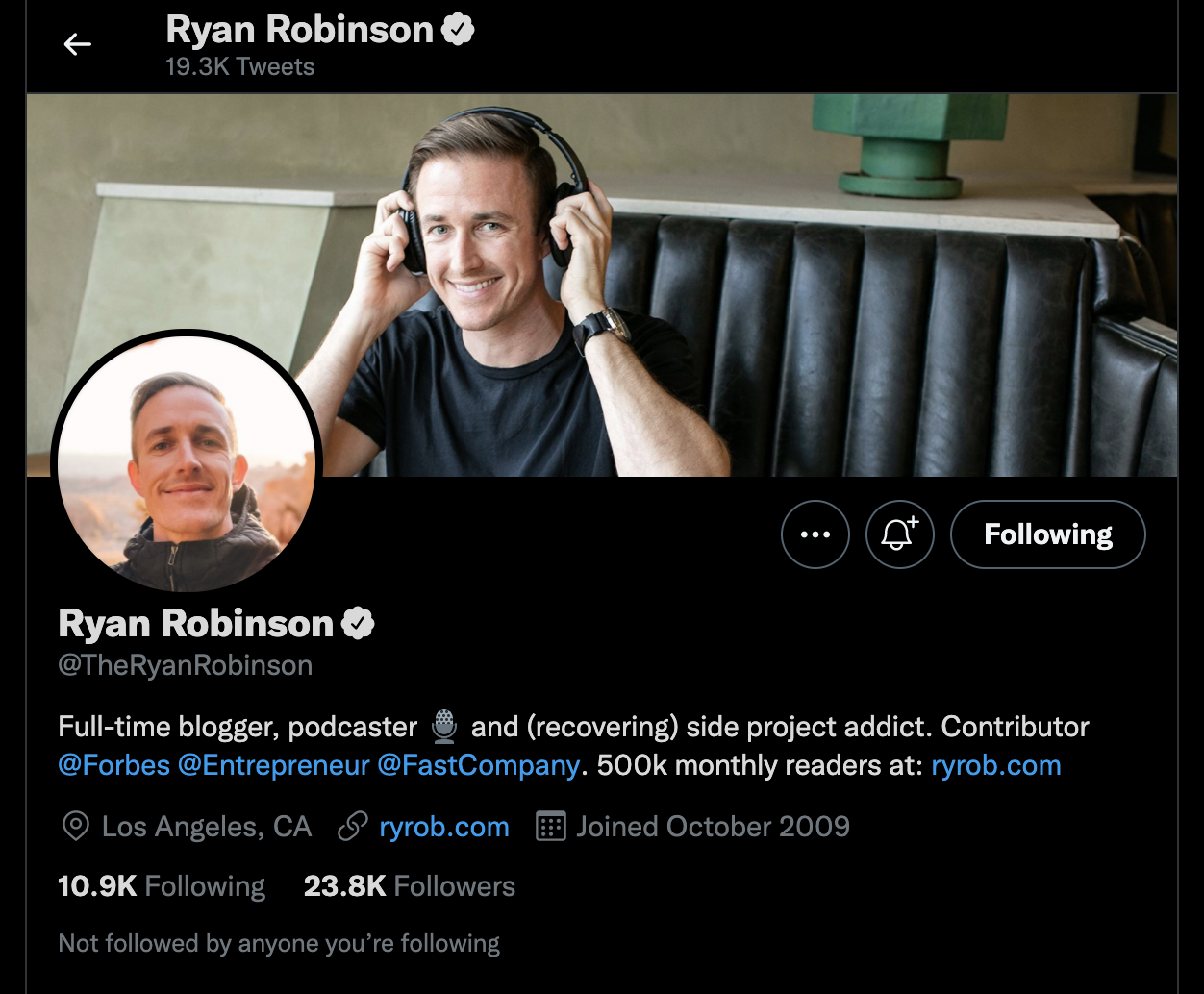 Screenshot of blog creator Ryan Robinson's Twitter account