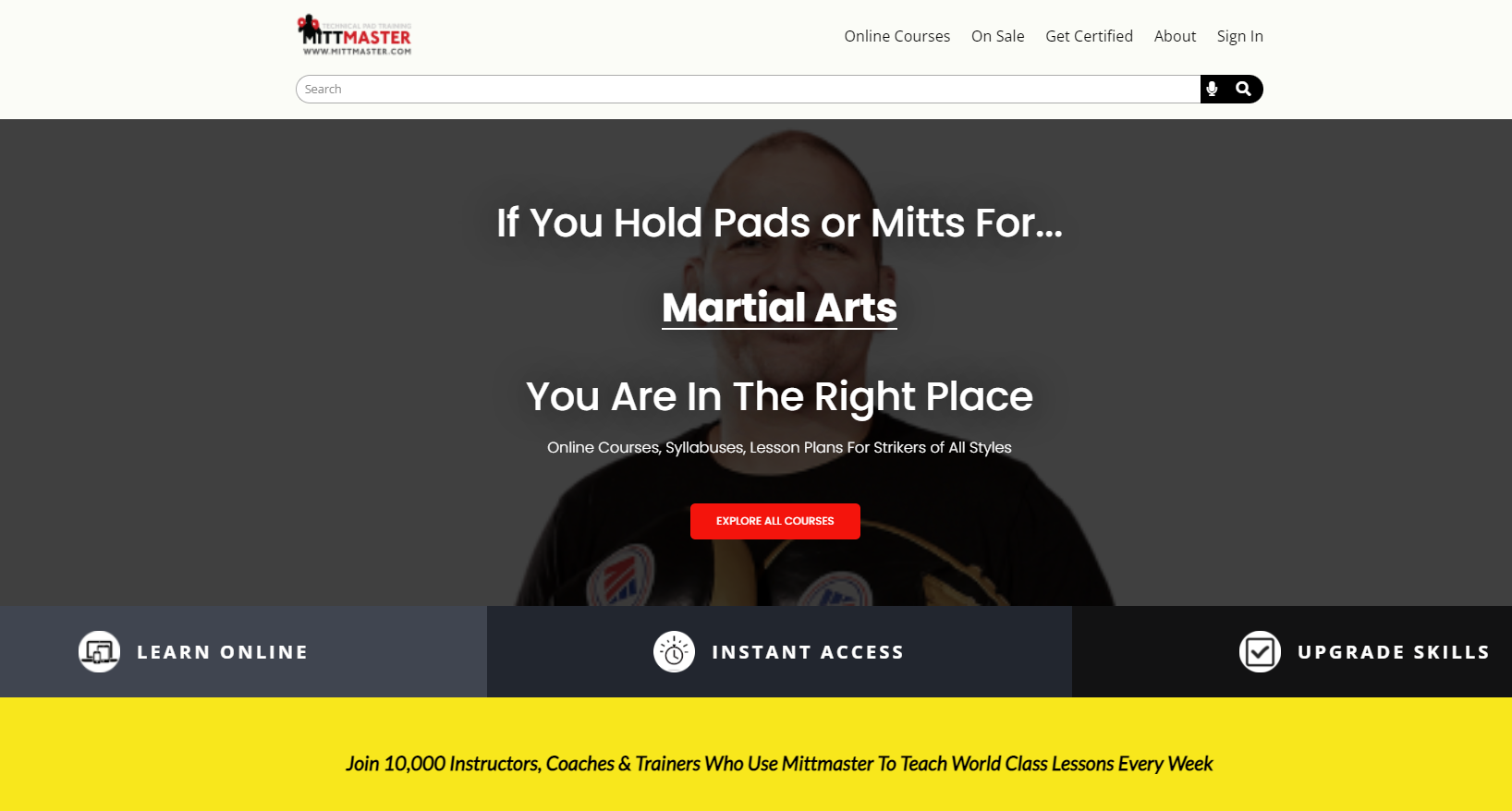 Infopreneur example - the website of Mitt Master. The call to action is to "explore all courses"