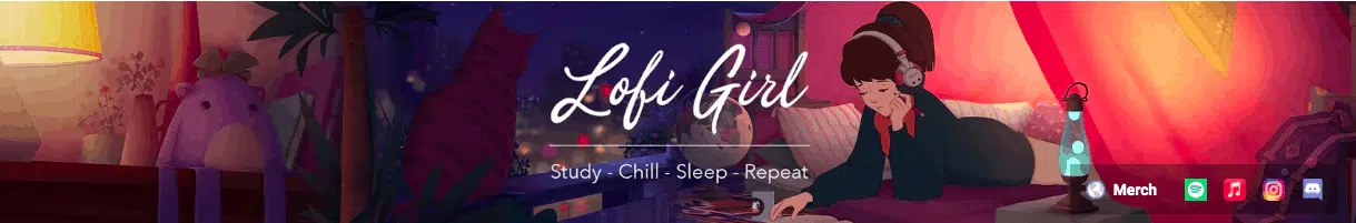 Lofi Girl's YouTube Banner tagline describes how you can use the channel: to “study, chill, sleep and repeat.”