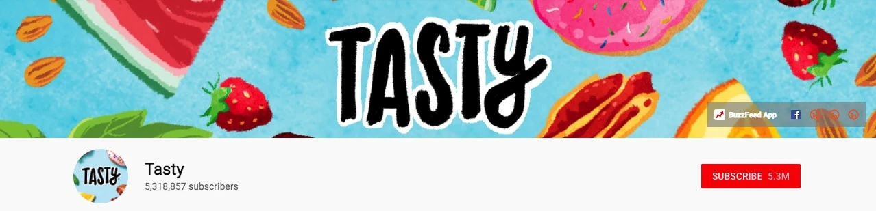 Tasty's YouTube banner is bright and colorful, with cartoon imagery of food