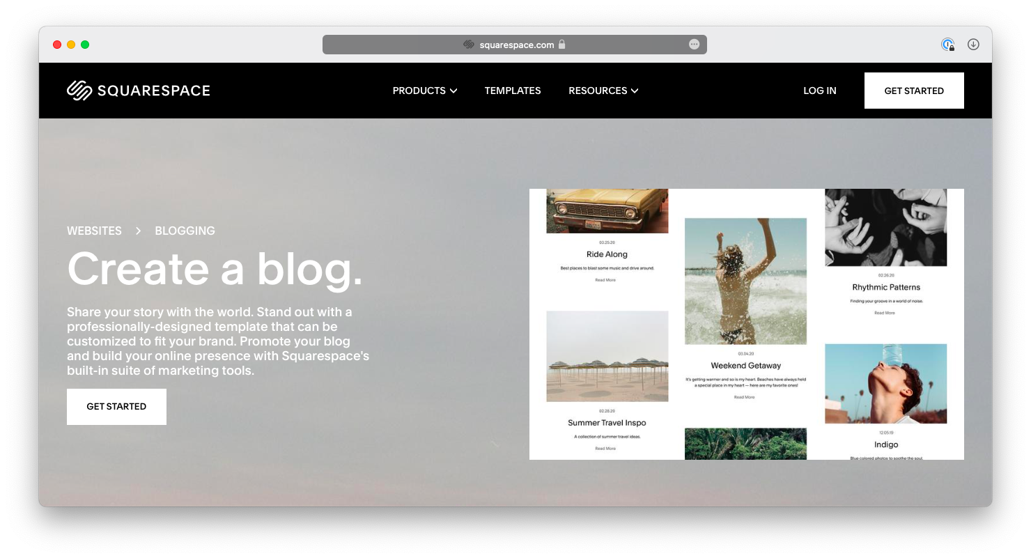 Home page of blogging Platform Squarespace