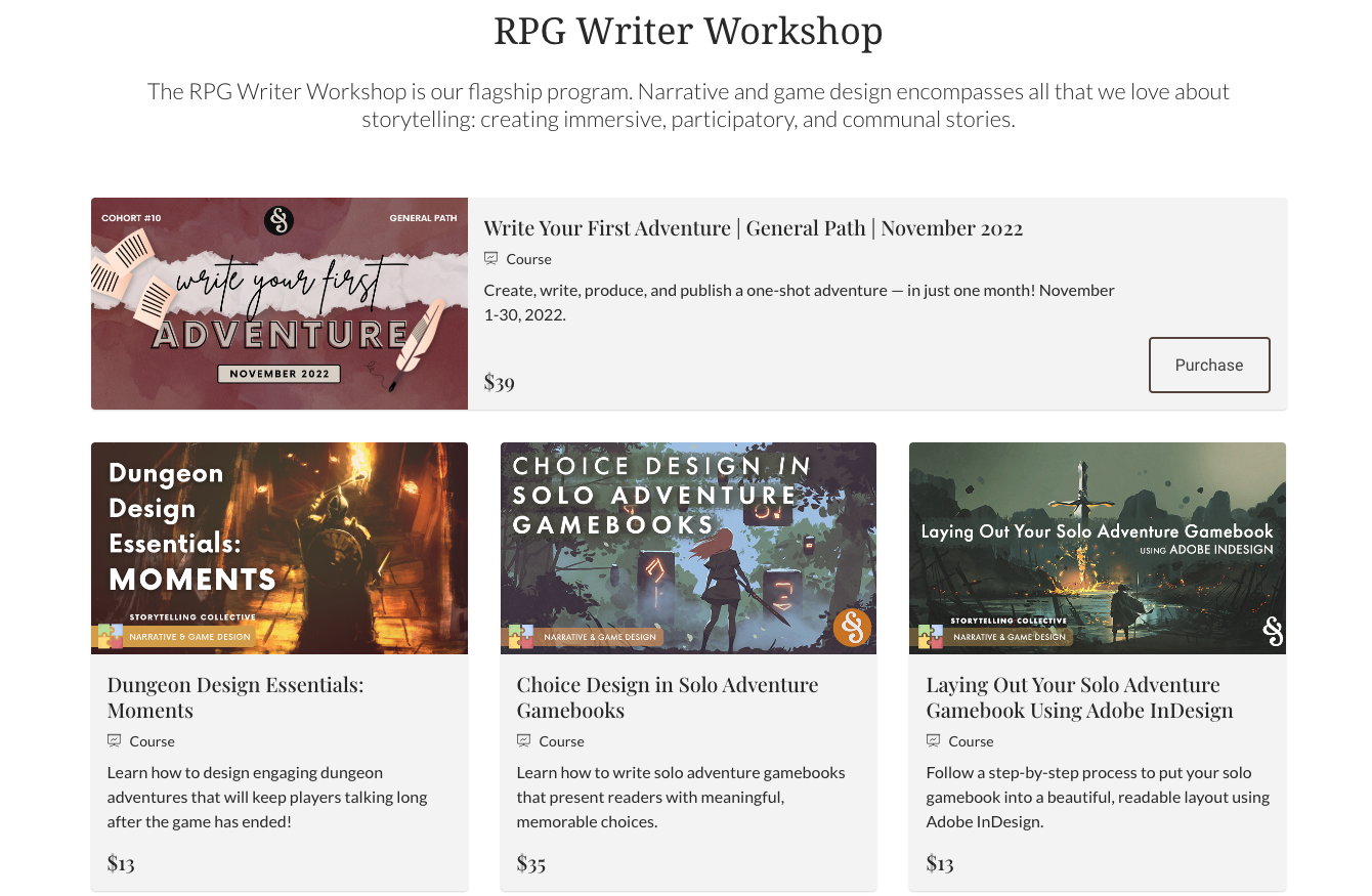 screenshot of storytelling collective rpg courses