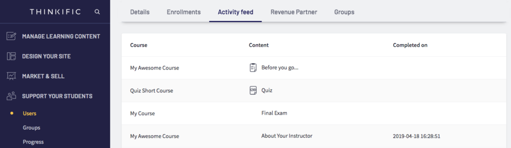 A screenshot of the support your students tab in the Thinkific Dashboard