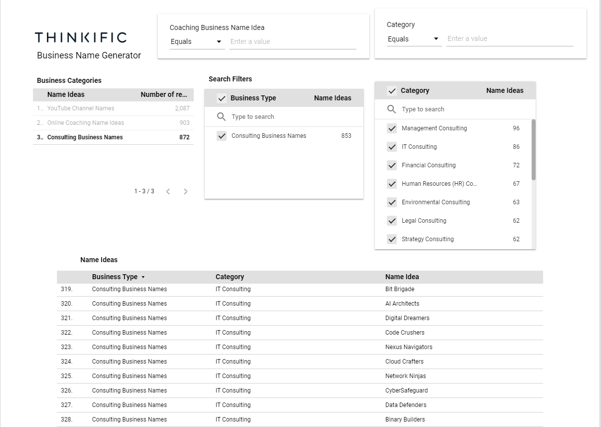 A Screenshot of our Consulting Business Name Idea Tool