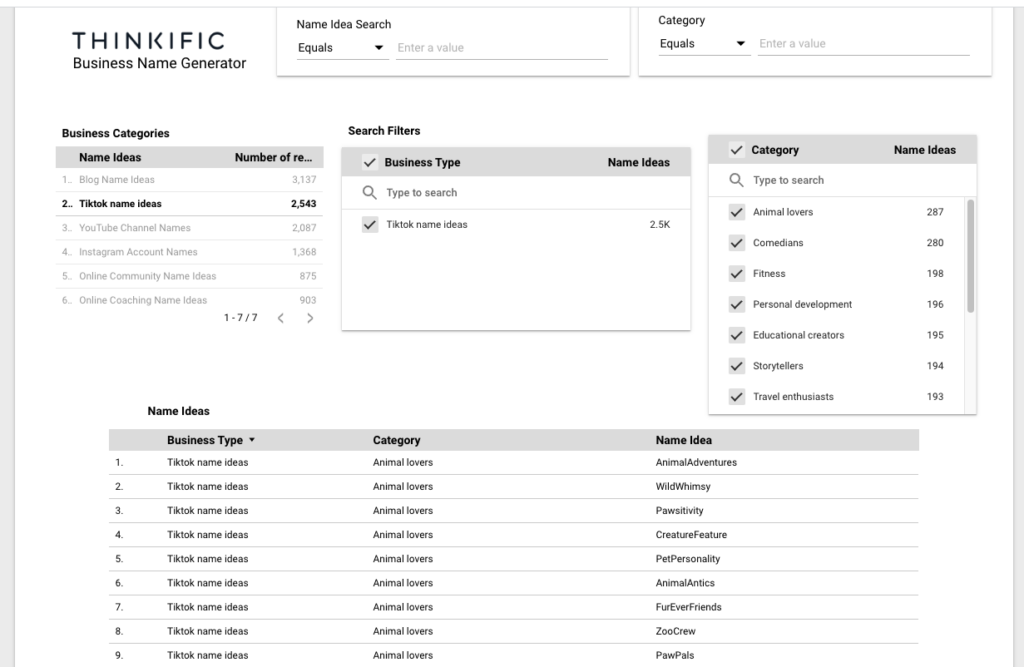 Screenshot of tiktok name ideas tool