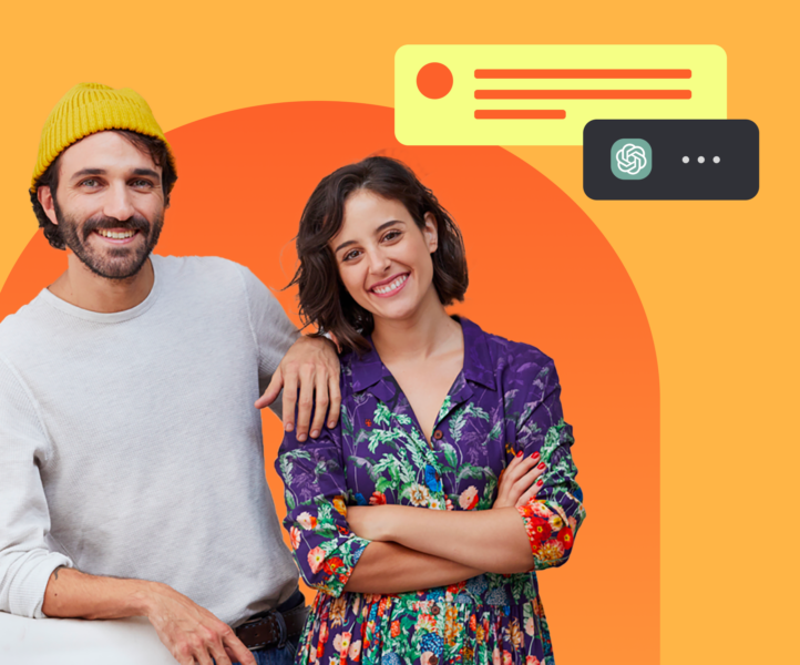 Photo of two bloggers, with stylized background ancluding chatGPT logo and a chat window