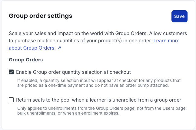 Group orders settings in Thinkific