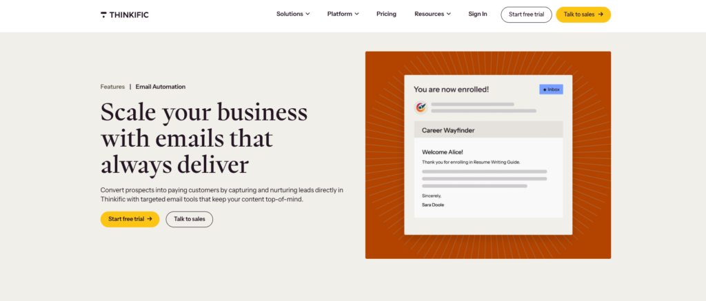 Thinkific Email Marketing Tools Page