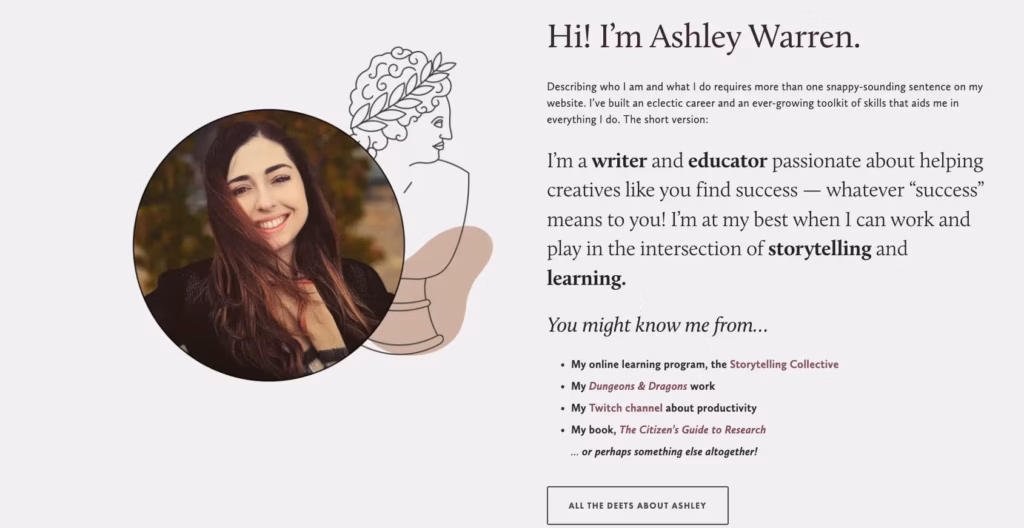 Screenshot from Ashley Warren's website describing who she is.