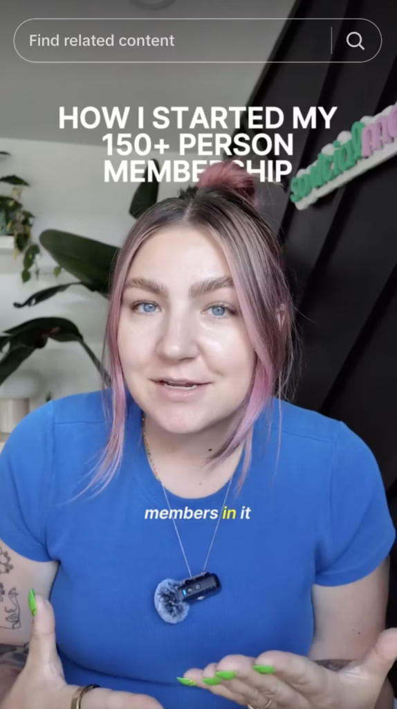 Mobile screenshot of Kristen Bousquet with text "How I started my 150+ person membership".
