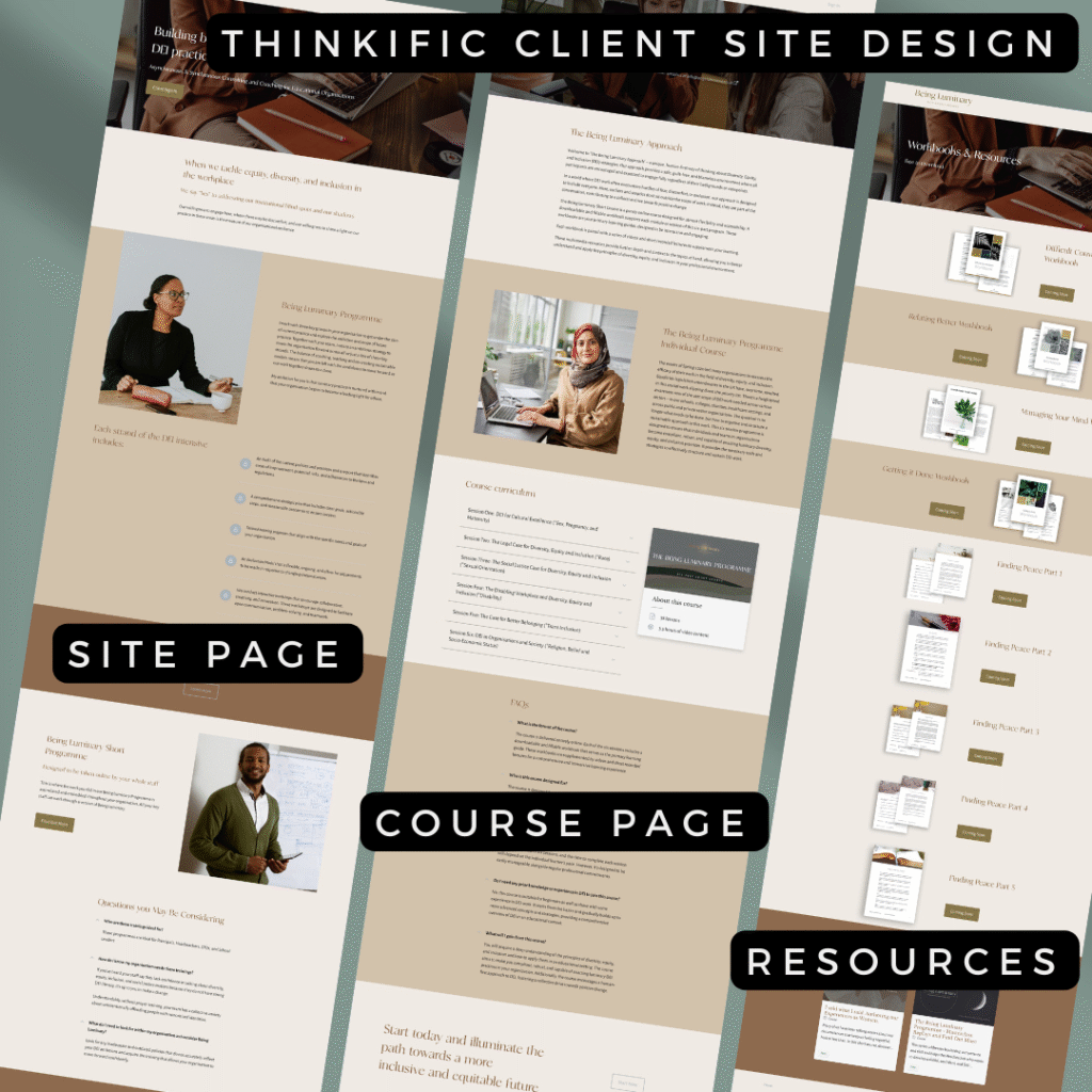 Thinkific client site design site page course page resources
