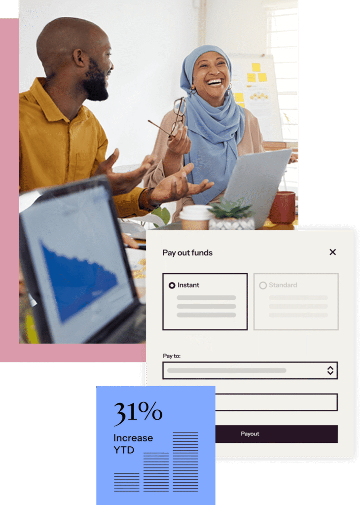 3 images together, first is a group of people working in the office. Next is a graphic of a a payout and finally its a blue graphic of a 31% growth Year to date.