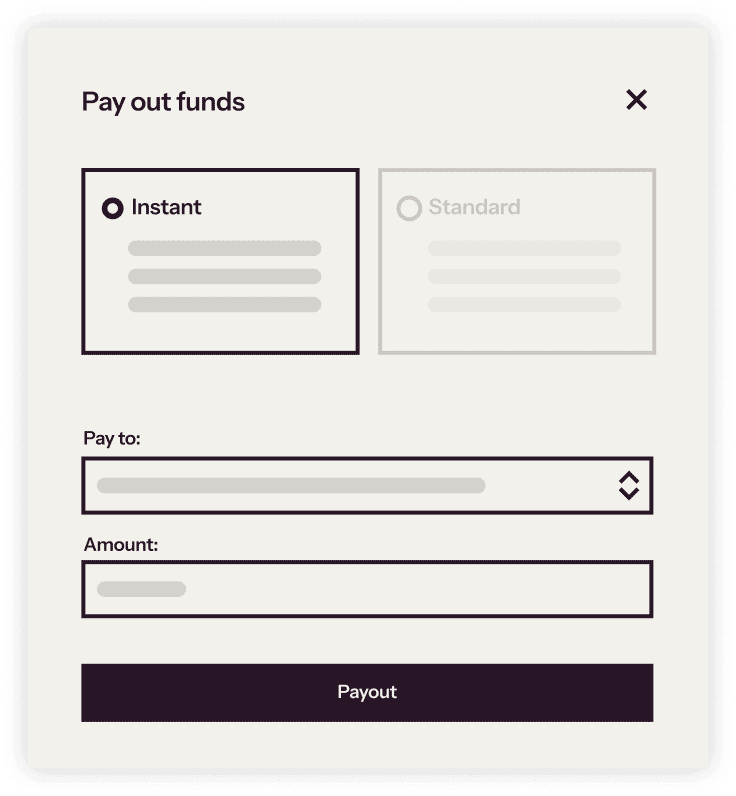 graphic image of a payout bill with a title of pay out funds and instant selected. A boc for pay to and amount and a button for Payout