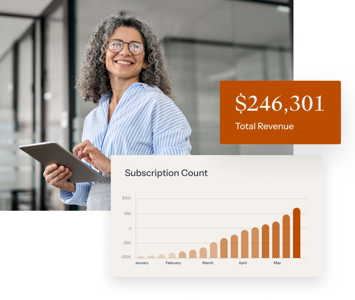 A woman holding a book with a mockup of analytics overlaid