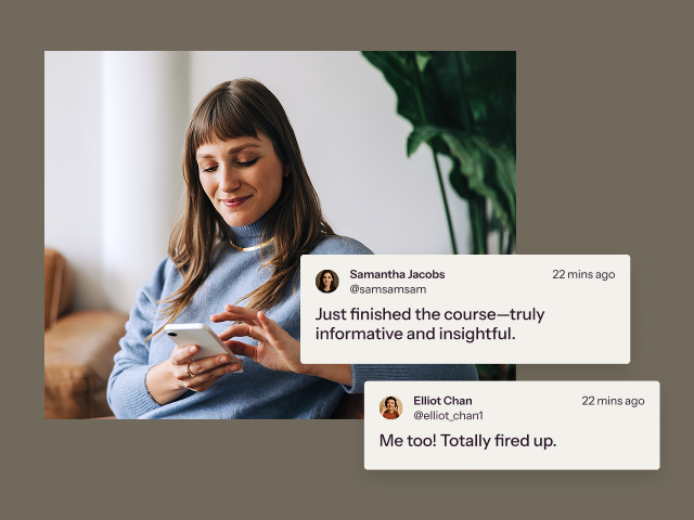 a woman answers messages on her phone with a mockup of the messages overlaid