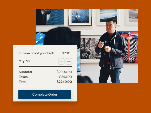 a man giving a speech with a group order mockup overlaid