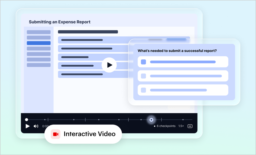 Articulate 360 Interactive Video player showing an expense report training video with checkpoints and a knowledge check question