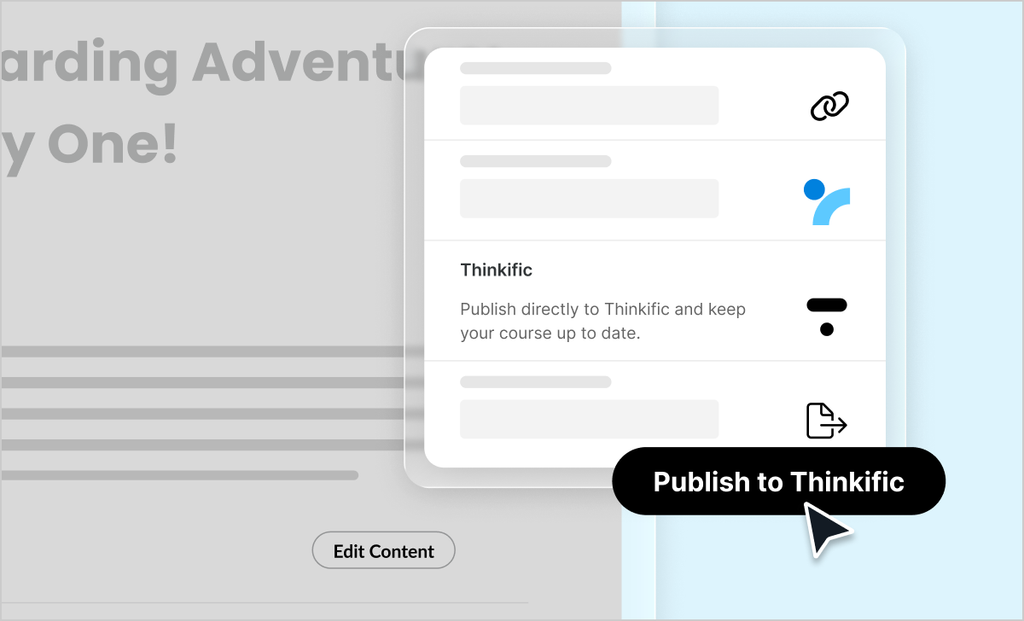 Articulate 360 publishing menu with the option to publish a course directly to Thinkific