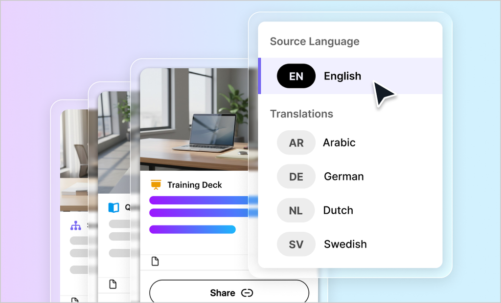 Articulate 360 translation menu converting a training deck from English into Arabic, German, Dutch and Swedish