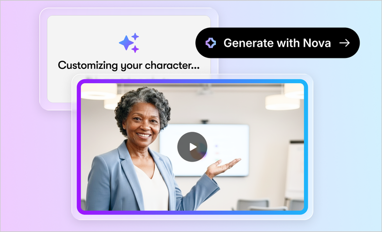 Articulate 360 AI Avatar generating a presenter character for a training video, with a Generate with Nova button