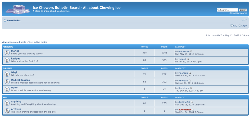 A screenshot of icechewing.com, an interest community forum