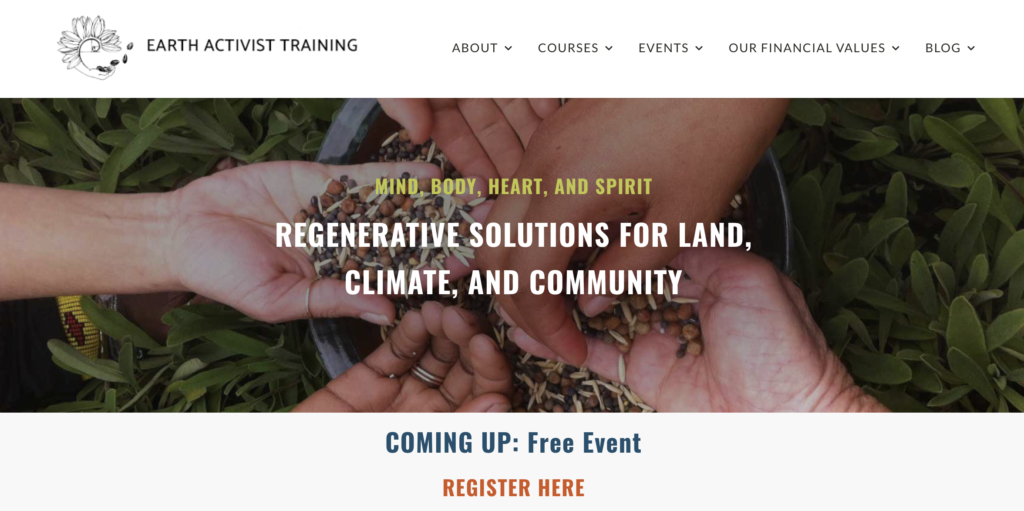 Earth activist training website screenshot. Heading: Regenerative solutions for land, climate, and community